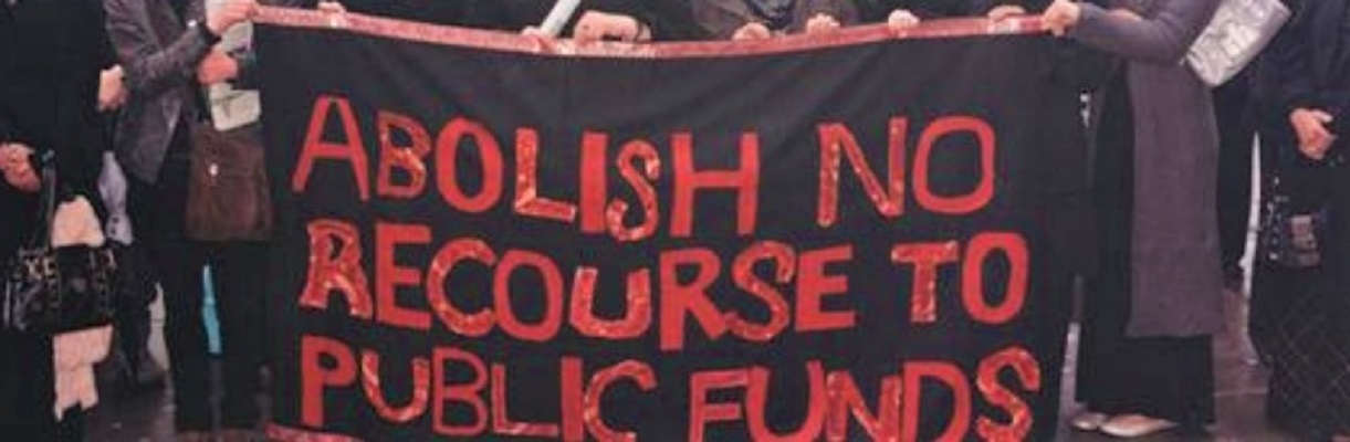 Banner reads "ABOLISH NO RECOURSE TO PUBLIC FUNDS"