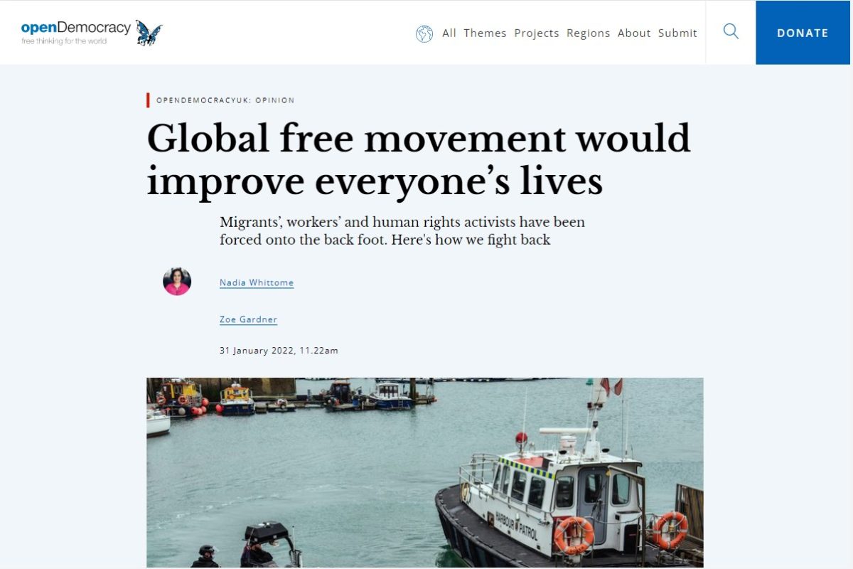 Image openDemocracy website showing article entitled "Global free movement would improve everyone’s lives" by Nadia Whittome and Zoe Gardner